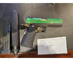 RAVEN Hi-Capa 4.3 Gas Blowback Pistol, in two tone green and black, with silencer - Image 2