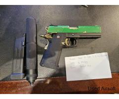 RAVEN Hi-Capa 4.3 Gas Blowback Pistol, in two tone green and black, with silencer - Image 3
