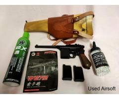 WE 712 Broomhandle Mauser Pistol 6mm Gas, with case/stock, ammo and gas, 2 mags