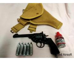 Webley Mark VI 4.5mm CO2 Pistol, with case and belt, CO" and ammo