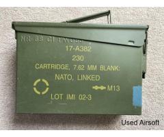 Green metal cartridge case, army surplus